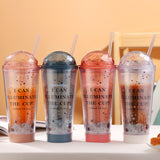 Luminous Creative Coffee Plastic Cup, Light Gradient Portable Student Double Straw Water Tumbler