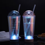 Luminous Creative Coffee Plastic Cup, Light Gradient Portable Student Double Straw Water Tumbler