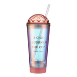 Luminous Creative Coffee Plastic Cup, Light Gradient Portable Student Double Straw Water Tumbler