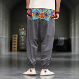 Retro Color-matching, Loose Printed, Cotton and Linen Trousers