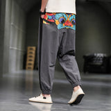 Retro Color-matching, Loose Printed, Cotton and Linen Trousers