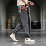 Retro Color-matching, Loose Printed, Cotton and Linen Trousers