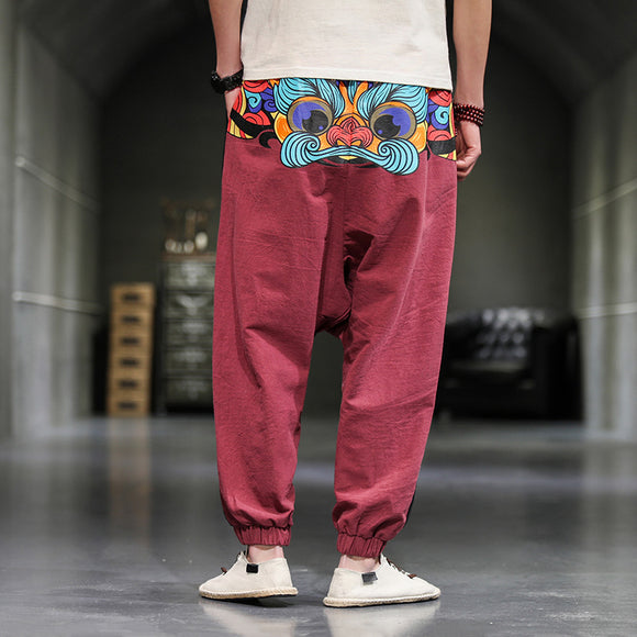 Retro Color-matching, Loose Printed, Cotton and Linen Trousers