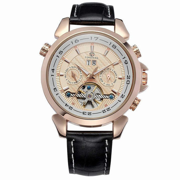 Complete Calendar Luxury Tourbillion Design Genuine Leather, Top Brand Automatic Mechanical Men's Watches