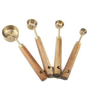 Jiusuo Copper Color, Wooden Handle Measuring Spoon, Four-piece Set of Stainless Steel Measuring Cup, Special for Baking