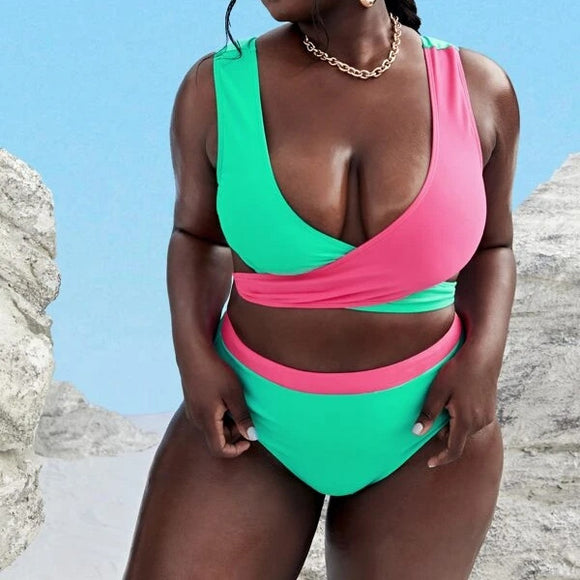 Europe and America Plus Size Bikini, Split Cross Color, High Waist, Fat Women Swimsuit