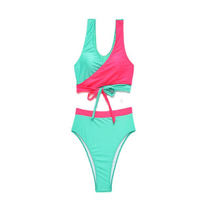 Europe and America Plus Size Bikini, Split Cross Color, High Waist, Fat Women Swimsuit