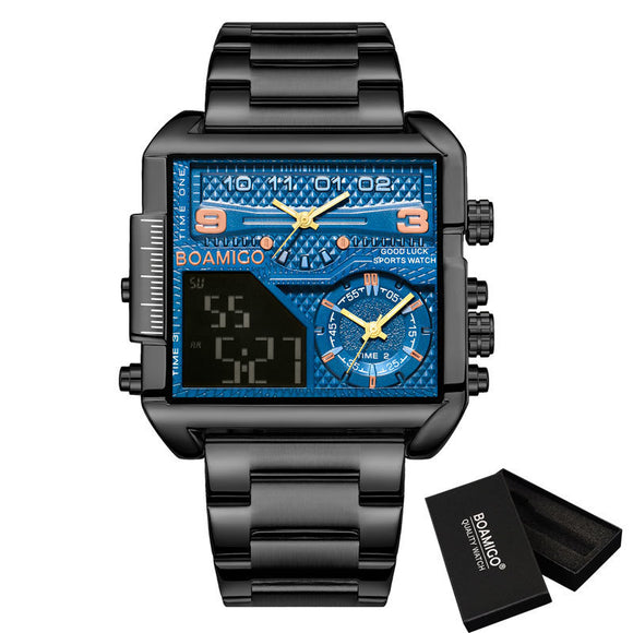 BOAMIGO New Top Brand Luxury Fashion Watches, Stainless Steel Sports Square Digital Analog Big Quartz Device for Men