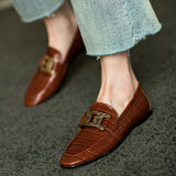 Queen Tianjiao Leather Spring Flat Loafers for Women with Metal Buckle