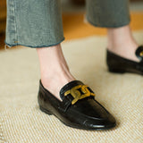 Queen Tianjiao Leather Spring Flat Loafers for Women with Metal Buckle