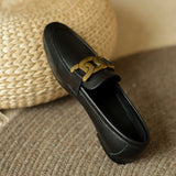 Queen Tianjiao Leather Spring Flat Loafers for Women with Metal Buckle