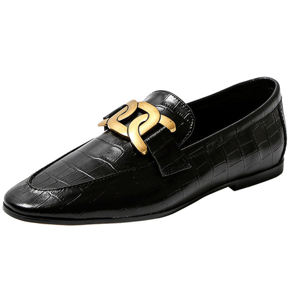 Queen Tianjiao Leather Spring Flat Loafers for Women with Metal Buckle