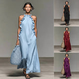 Ruffled Halter Neck Maxi Dress – Sleeveless Resort Style Flowy Party Wear