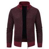 Men’s Thickened, Plaid Print Knitted Jacket Cardigan – Slim Fit, Zippered, Stand Collar, Winter Casual Long-sleeve Sweater Top