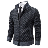 Men’s Thickened, Plaid Print Knitted Jacket Cardigan – Slim Fit, Zippered, Stand Collar, Winter Casual Long-sleeve Sweater Top