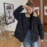 Loose Rhombus Bread Coat, Stitching Fur Collar Warm Thickened Cotton-padded Jacket for Women