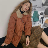 Loose Rhombus Bread Coat, Stitching Fur Collar Warm Thickened Cotton-padded Jacket for Women
