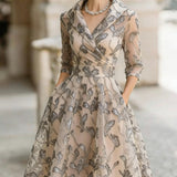 Printed V-neck Long-sleeve Dress for Women