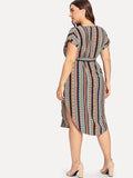 Fat Sister's Belt, Stripe Slim Look V-neck Dress