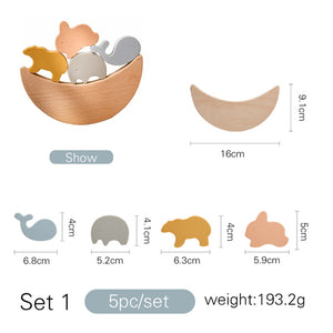 Nordic Style Wooden Animal Stacking Toys, Baby Food Grade Silicone Folding Cradle Accessories