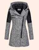 Women’s Warm Slim Wool Coat – Thick Full-zip Hooded Winter Windbreaker with Diagonal Zipper