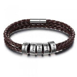 Men's Braided Genuine Leather Bracelet, Stainless Steel Beads, Charm Band for Boys
