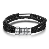 Men's Braided Genuine Leather Bracelet, Stainless Steel Beads, Charm Band for Boys