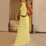 2 Pcs Women's Dress Suit, Sexy Sleeveless Backless Cropped Halter Top and Pleated Long Gown