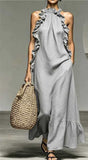 Ruffled Halter Neck Maxi Dress – Sleeveless Resort Style Flowy Party Wear