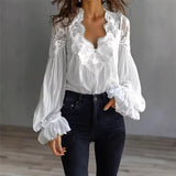 Women’s Lace Patchwork Pleated Shirt with Ruffle Shoulders