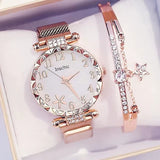 Women’s Rhinestone Belt Quartz Watch + Bracelet, Elegant Fashion Timepiece
