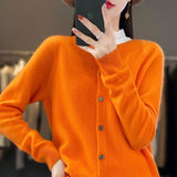 Fashion Merino Wool Cardigan Sweater, Women's O-neck Long-sleeve Cashmere Knitwear, Spring Autumn Female Clothing Tops
