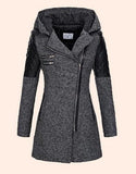 Women’s Warm Slim Wool Coat – Thick Full-zip Hooded Winter Windbreaker with Diagonal Zipper
