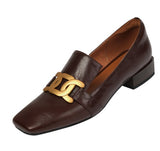 Queen Tianjiao Leather Spring Flat Loafers for Women with Metal Buckle