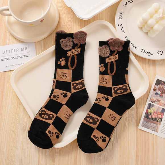 Women's Fashionable Hundred Feather Yarn, Bear Mid Calf Socks