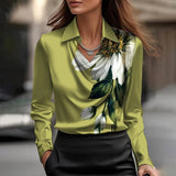 Women’s Satin Draped Swing Collar Blouse – Elegant Solid Long-sleeve Office Top for Spring