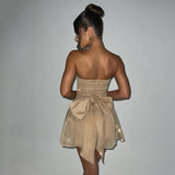 Tub-e Top Lace Dress with Back Bow-knot, Summer Fashion Temperament Mesh Stitching Off-neck Short Skirt