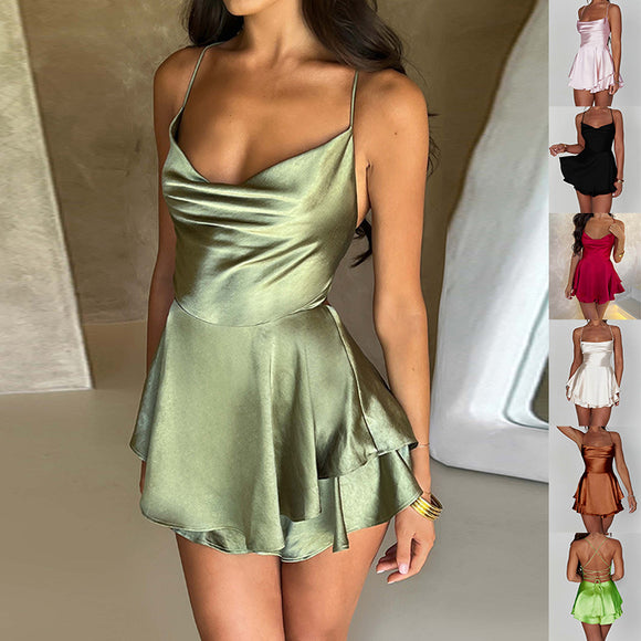 Sexy Suspender Skirt for Women, Elegant Slim Strap Satin Backless Lace-up A-Line Short Dress