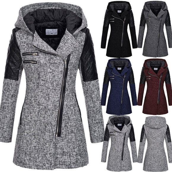 Women’s Warm Slim Wool Coat – Thick Full-zip Hooded Winter Windbreaker with Diagonal Zipper