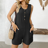 Summer Round Neck Casual Sleeveless Solid Color Short Jumpsuit with Pockets, Women's Turtle Neck Holiday Beach Shorts