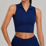 Running Breathable Sleeveless Yoga Vest, Lapel Tennis Workout Top