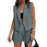 Leisure Commute Button Sleeveless Midriff-baring, Vest Coat and High Waist Shorts, Two-piece Set