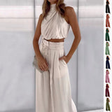 Casual Sleeveless Midriff-baring, Top and Wide Leg Pants, 2 Pcs Set, Summer Suits Women's Clothing