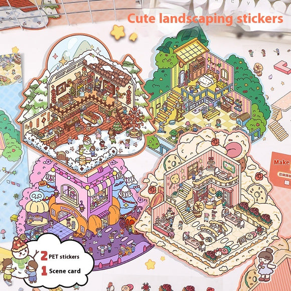 Decompression Cartoon Landscape Stickers — Creative Miniature Scene Collage DIY Set