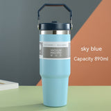 Portable Car Cup, Stainless Steel Travel Sports Water Bottle with Handle Cover, Coffee Tumbler Cup