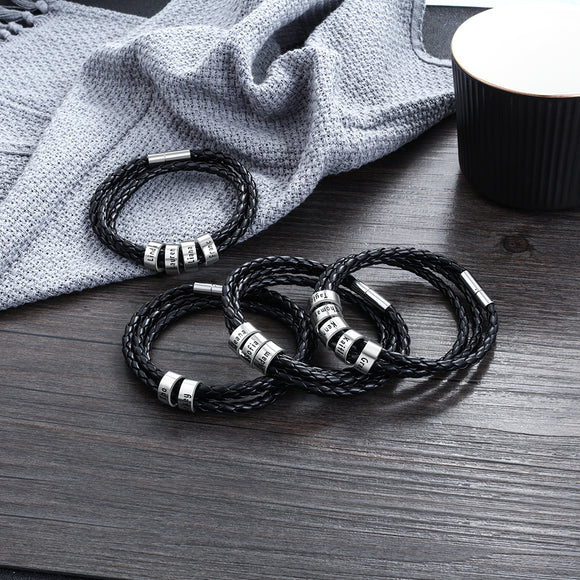 Men's Braided Genuine Leather Bracelet, Stainless Steel Beads, Charm Band for Boys