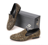 Men's Slip-on Black Leather Loafers, Golden Diamond Design, Casual Style