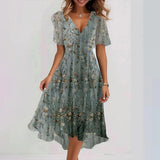 Chiffon Printed Short Sleeve Dress, Summer Elegant V-neck Frock, Women's Clothing