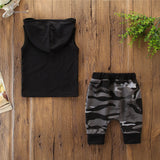 2-Piece Boys Toddler Outfit – Sleeveless Hooded T-shirt & Camo Pants Set