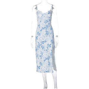 Lace Flowers Print Long Dress, Sexy Fashion Slit Suspender Gown, Summer Women's Clothing